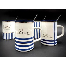 Mug With Lid And Spoon White With Blue Designs