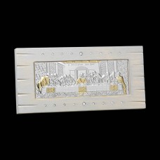 Icon of the Last Supper From Silver To White Handmade Wood With Swarovski Stones And Metal Support 25x13cm