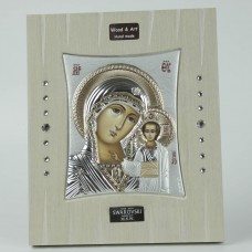 Icon of the Virgin Mary From Silver To White Handmade Wood With Swarovski Stones And Metal Support 19x23cm