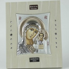 Icon of the Virgin Mary From Silver To White Handmade Wood With Swarovski Stones And Metal Support 23x28cm