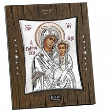 Icon of the Virgin Mary From Silver To Brown Handmade Wood With Swarovski Stones And Metal Support 19x23cm